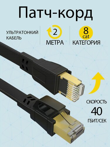 Изображение товара Интернет кабель / патч корд 2м черный, плоский lan кабель cat8, сетевой ethernet кабель rj-45 для интернета - высокоскоростной сетевой шнур