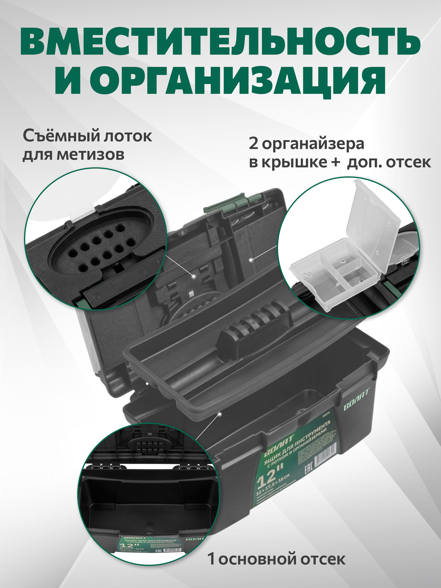 Ящик для инструмента Волат 20235, пластик, черный, с органайзерами — фото 1