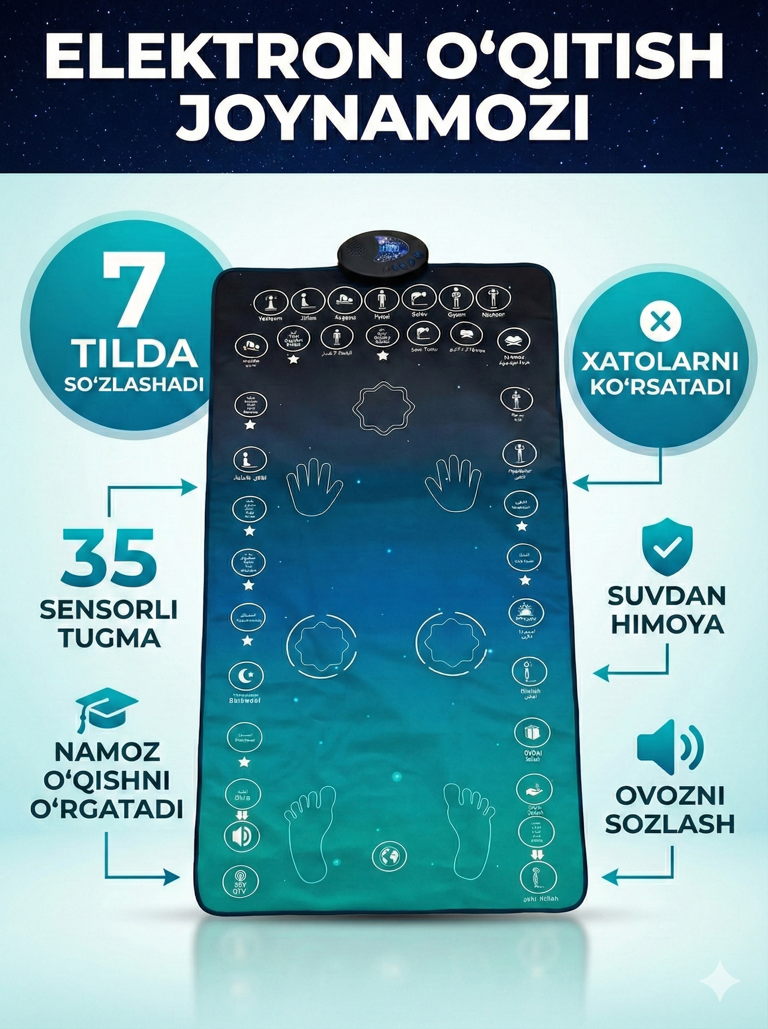 Обучающий намазу электронный джойнамоз, интерактивный наставник 5-кратный, на 5 языках. Электронный Жайнамаз