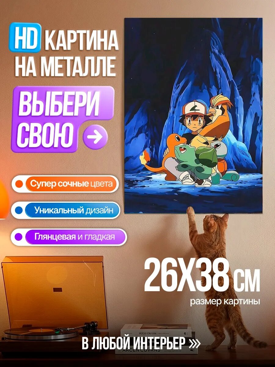 Картина на HD металле Эш и покемоны в пещере