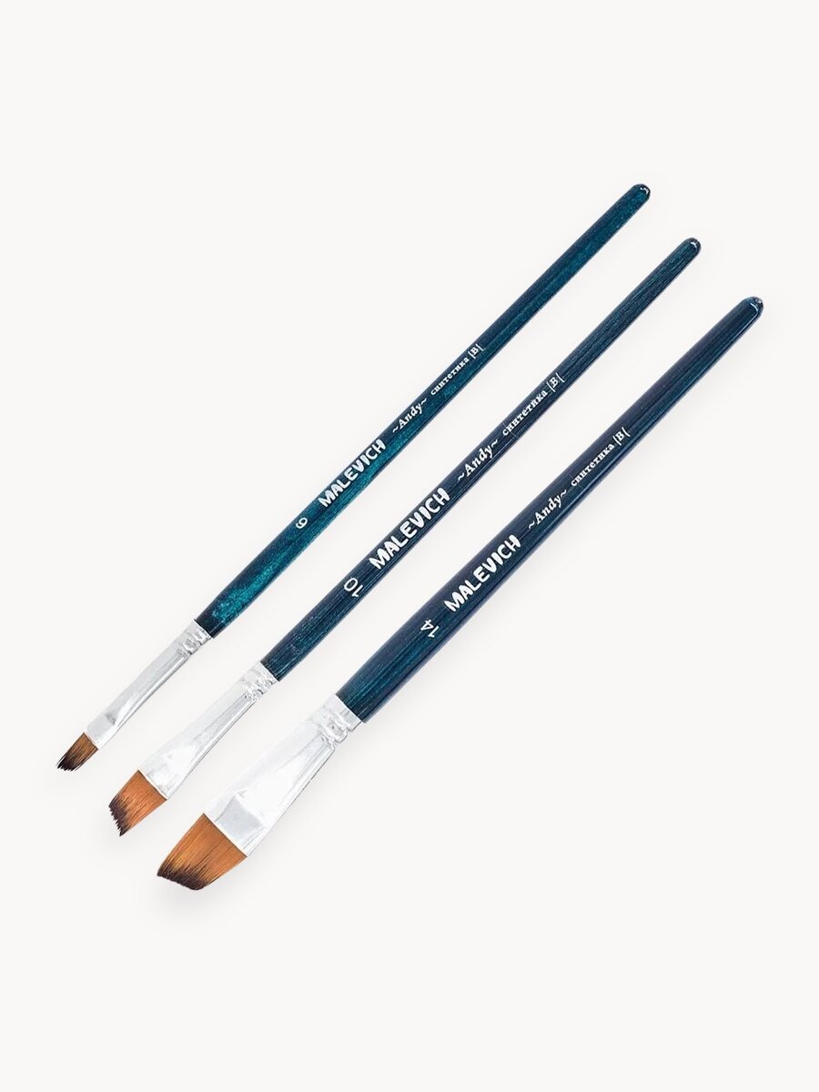 Набор плоских кистей из синтетики Andy Малевичъ, скошенная №6, 10, 14