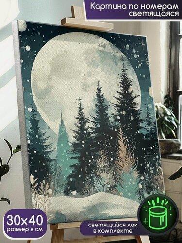 Изображение товара Картина по номерам со светящейся краской новый год Зимний лес (атмосфера, сказка, мороз, луна) 30x40 В - 2028
