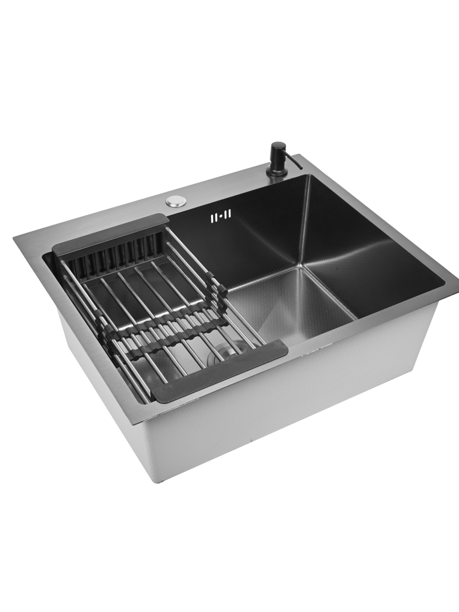 Мойка для кухни STEIN 60х50 из нержавеющей стали, графитовая , с сифоном ведерко, дозатором и коландером ST6050B — фото 1