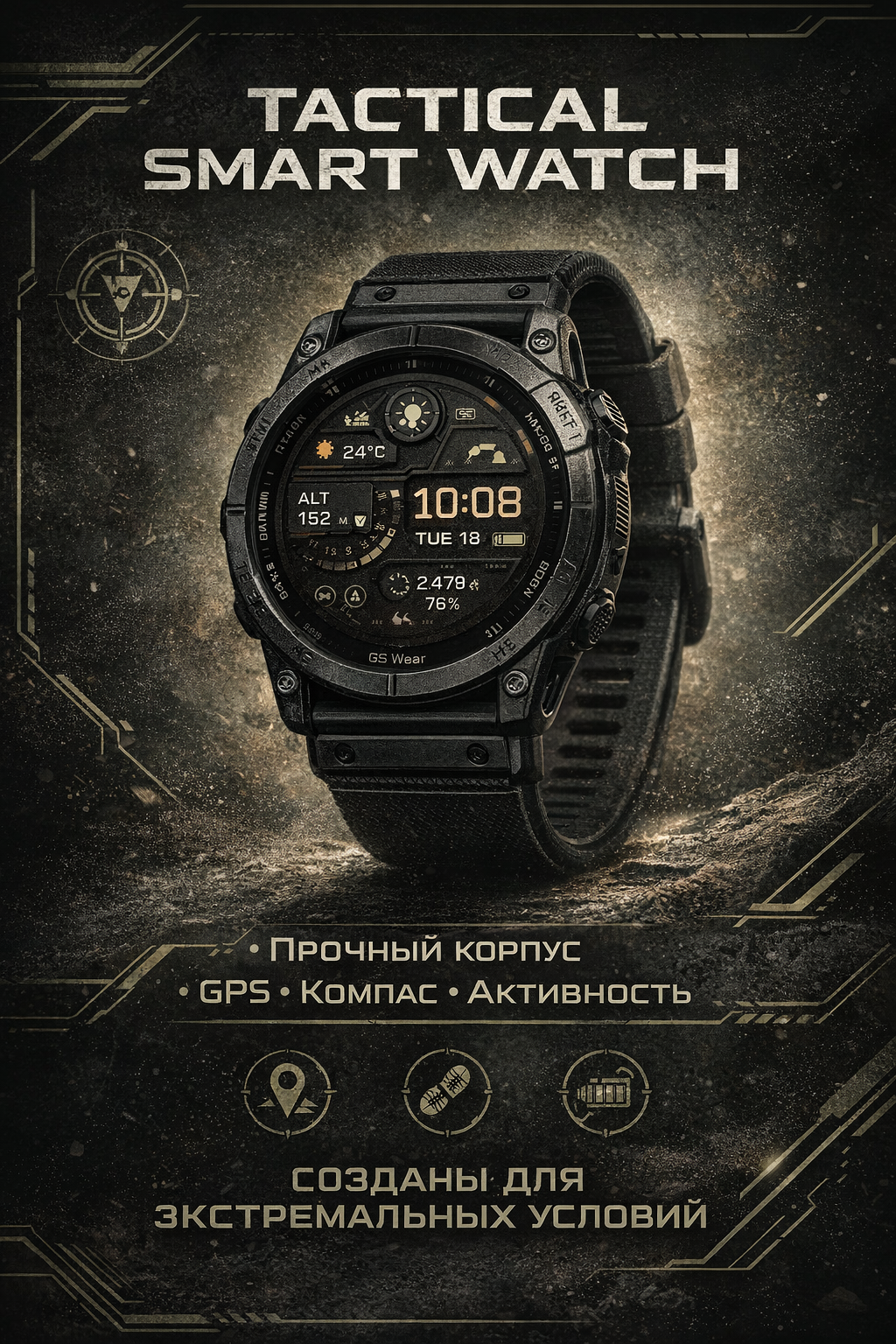 Смарт-часы GS Tactix 7 с AMOLED дисплеем, защищённый корпус, спортивный дизайн