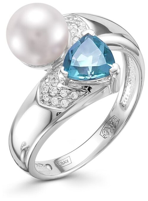 Ювелирное кольцо алькор из родированного серебра c топазом sky blue, жемчугом и кристаллами
