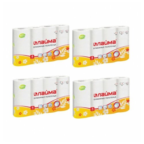 фото Полотенца бумажные бытовые, спайка 4 шт., 2-х слойные (4х18 м), лайма, 22х23 см, белые, 128725 (4 штуки) 128725-4