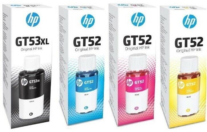 Комплект чернил HP GT53XL + GT52 оригинальные 4 цвета M0H54AE + M0H55AE + M0H56AE + 1VV21AE для HP DeskJet GT 5810, DeskJet GT 5820, Ink Tank 115, Smart Tank 500, Smart Tank 515, Smart Tank 530, Smart Tank 615, Ink Tank 310, Ink Tank 315