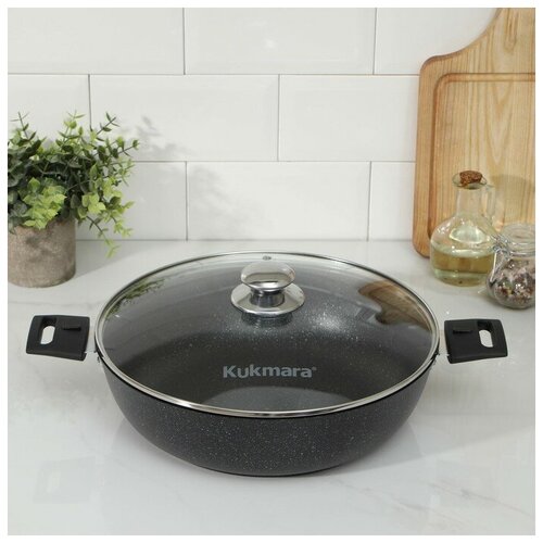 Сотейник d30 см съёмные ручки стеклянная крышка антипригарное покрытие цвет тёмный мрамор 5514₽