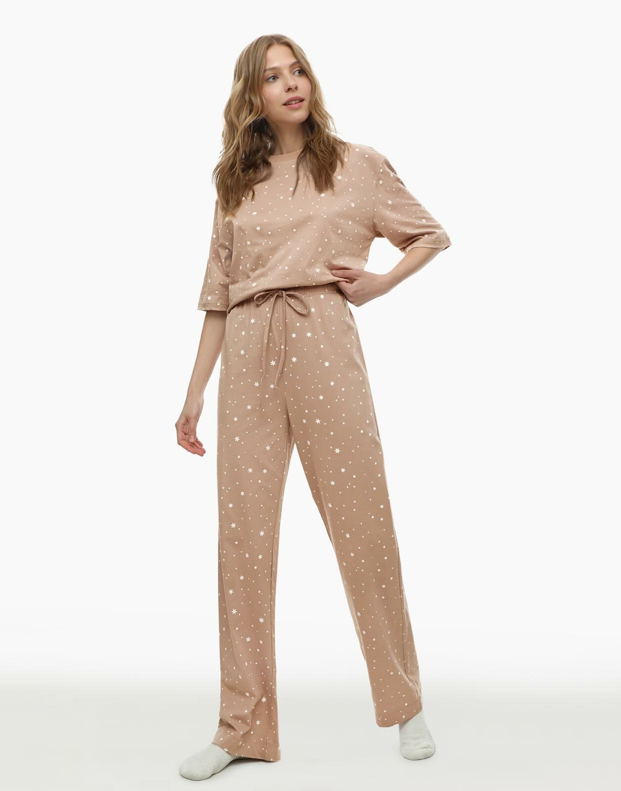 Бежевые пижамные брюки с принтом, XS/164 (40) - фотография № 1