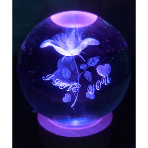 Ночник светильник 3D хрустальный шар 8см. Роза Любви 