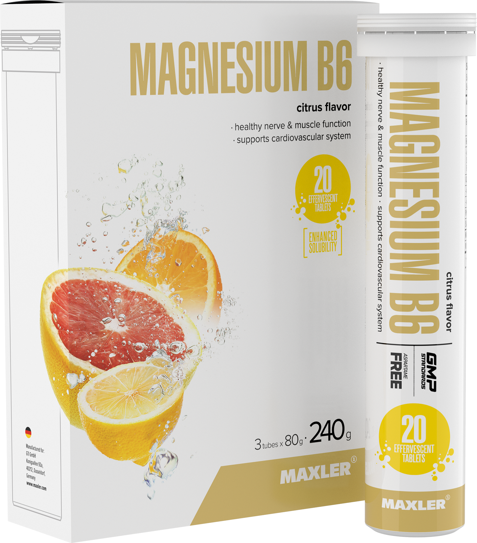 Шипучие витамины Maxler Magnesium B6 Effervescent ( Магний Б6 - шипучие таблетки по 40 г 3 тубы по 20 штук ) - Цитрус