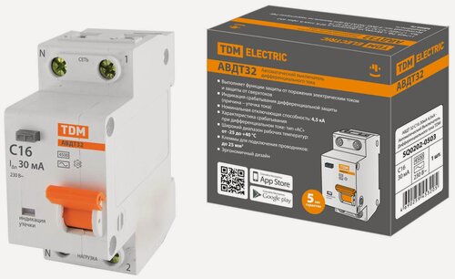 Изображение товара Диффавтомат TDM АВДТ 32 C32A 30 мА 4,5 кА для защиты линии от утечки и КЗ