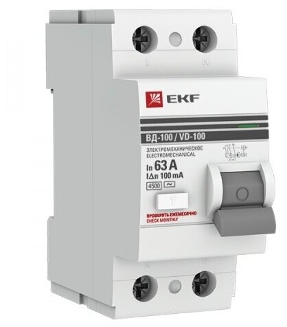 EKF PROxima Устройство защитного отключения УЗО ВД-100 2P 63А/100мА (электромеханическое)