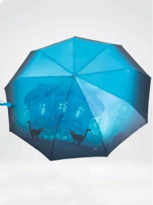 Зонт женский с кошками Universal Umbrella полуавтомат, сине-зеленый