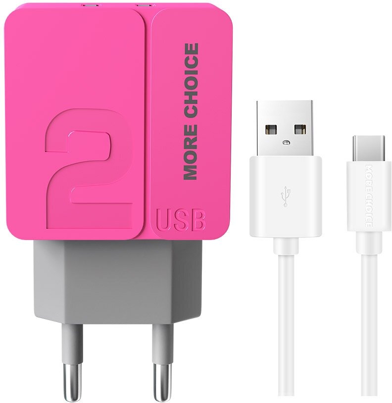 Сетевое зарядное устройство 2USB 2.4A в комплекте с дата-кабелем Type-C More choice NC46a 1м Pink