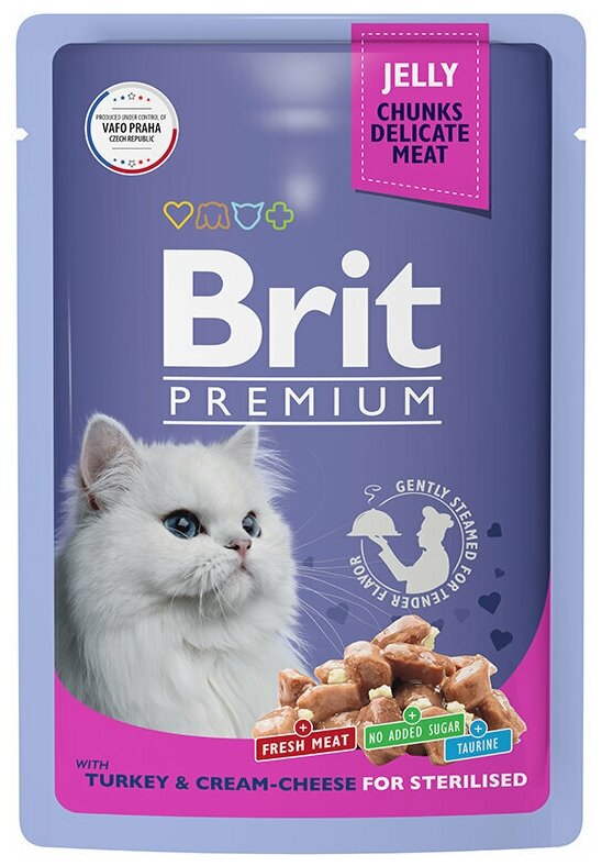 Пауч Brit Premium для взрослых стерилизованных кошек индейка с сыром в желе 85гр, 4шт - фотография № 1