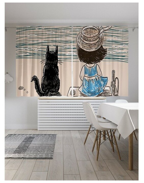 Шторы, фотошторы короткие JoyArty "Девочка с котом на берегу реки" из ткани сатен, 2 полотна 145x180 см, шторная лента и крючки - фотография № 7