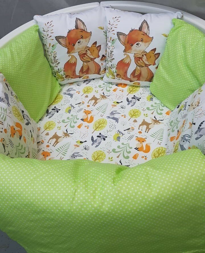 Постельное белье детское в кроватку и бортики защитные, для новорожденного комплект Лисички Зеленый