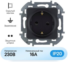 Розетка с заземлением Legrand Inspiria для скрытого монтажа , цвет "Антрацит", ток 16 А, напряжение ~250В, максимальная мощность 3680 Вт.