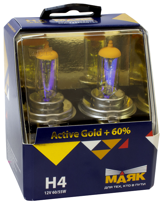 Лампа автомобильная галогеновая H4 Маяк Active Gold + 60% 12V 60/55W P43t 72420AG+60 (2шт.)