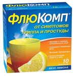 Флюкомп пор. д/приг. р-ра д/вн. приема лимонный 650 мг+10 мг+20 мг пак. №10 - изображение