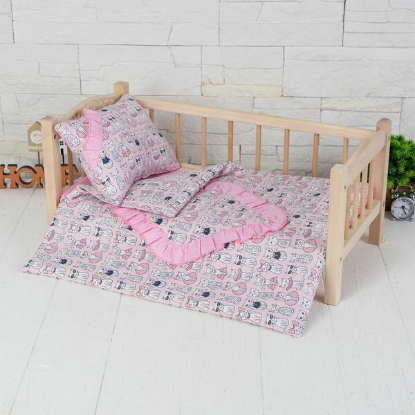 Постельное бельё для кукол "Котята на розовом", простынь, одеяло, подушка