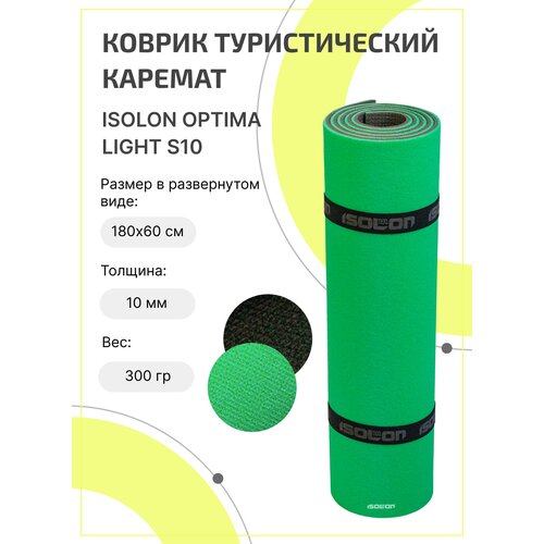 Коврик туристический 10 мм, ISOLON Optima Light S10, 180х60 см серый/лайм (каремат)