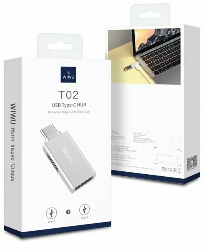 Хаб USB Wiwu T02 Type-C - 2xUSB-A Silver 6973218930473