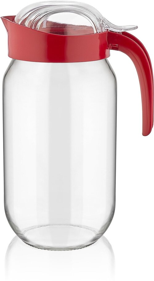 Кувшин для воды и других жидкостей стеклянный с ручкой и крышкой 1000 мл, красная ручка