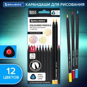 Карандаши цветные для рисования чёрное дерево Brauberg Black Wood, 12 цветов, трехгранный корпус, грифель мягкий 3 мм, 181948