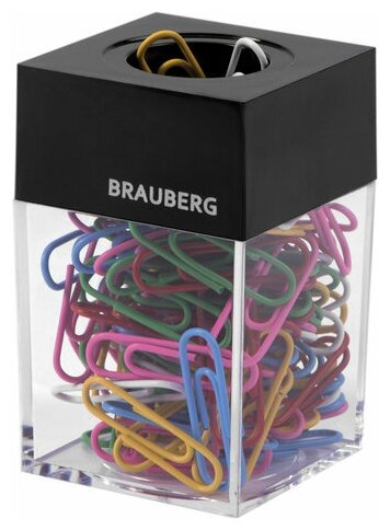 Скрепочница магнитная закрытая Brauberg (пластик) + скрепки цветные 100 уп., прозрачная/черная крышка (228401), 12 уп.