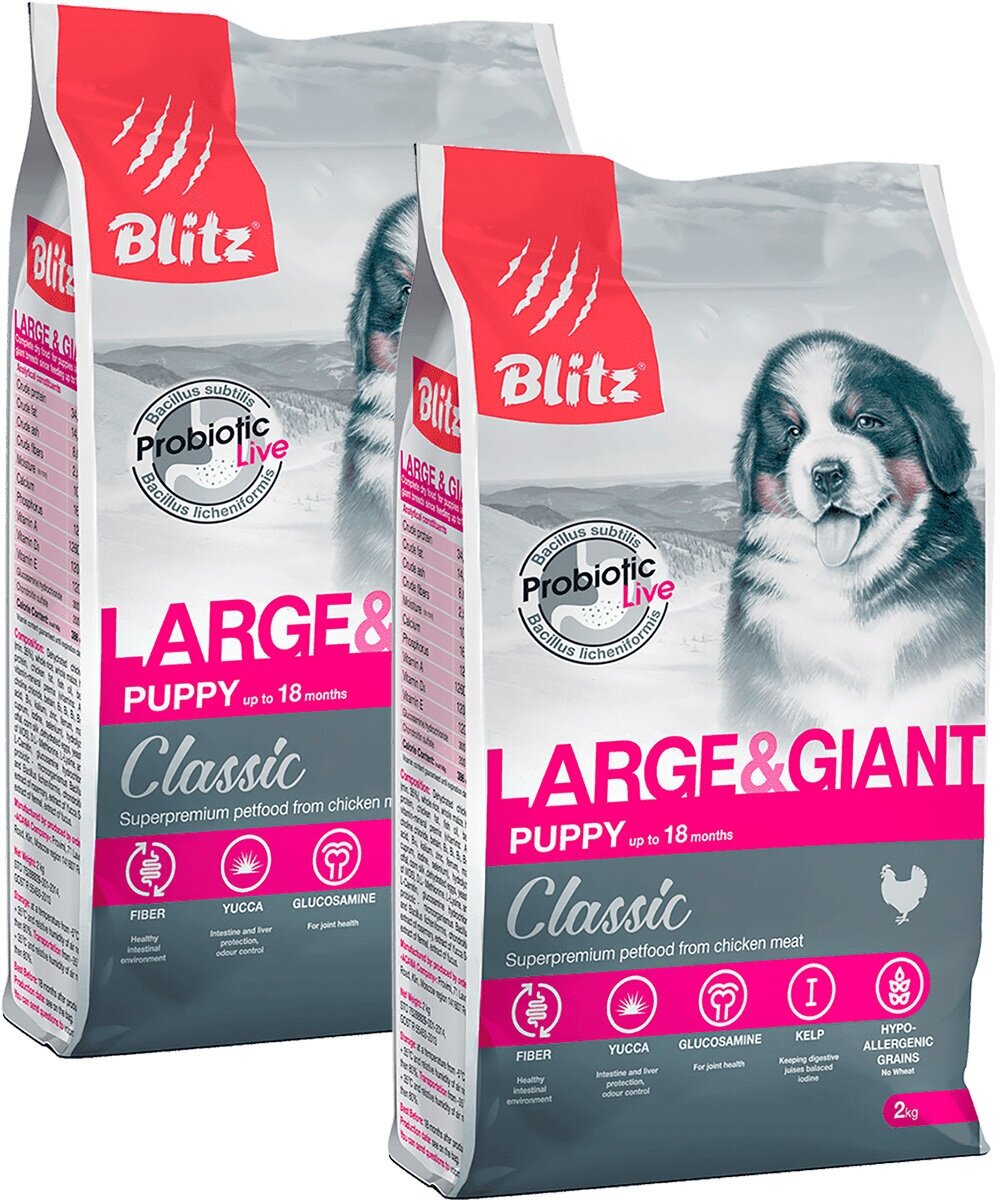 BLITZ CLASSIC PUPPY LARGE & GIANT BREEDS CHICKEN & RICE для щенков крупных и гигантских пород с курицей и рисом (2 + 2 кг)