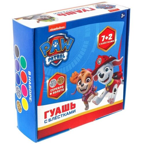 Гуашь 7 цветов + 2 цвета с блёстками (золото, серебро) по 20 мл, Paw Patrol, карамельная гуашь 9 цветов по 20 мл paw patrol карамельная