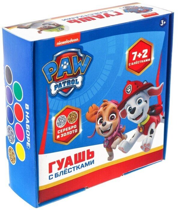 Paw Patrol Гуашь 7 цветов + 2 цвета с блёстками (золото, серебро) по 20 мл, Paw Patrol, карамельная