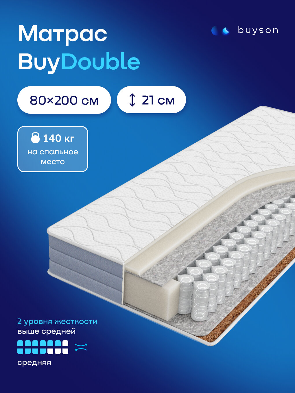Матрас buyson BuyDouble, 80х200 см, независимые пружины