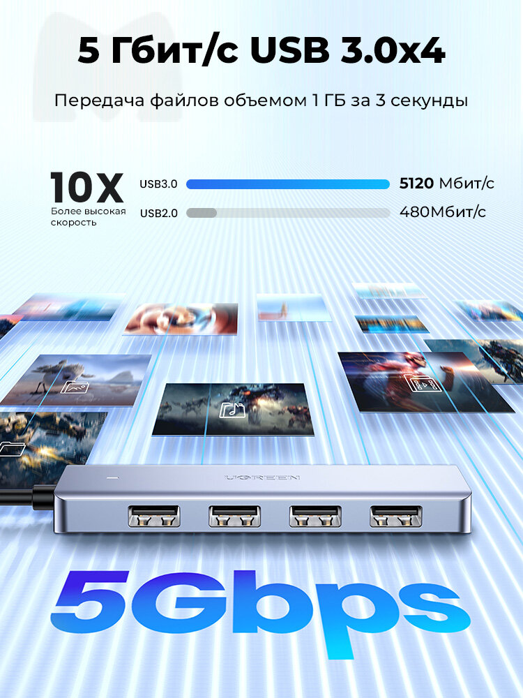USB концентатор(хаб) 4 в 1 Ugreen, USB Type-C, 4xUSB 3.0 (70336) — фото 1