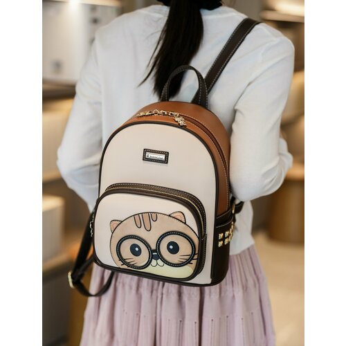 Рюкзак женский Beibaobao с кошкой городской экокожа молочный/коричневый