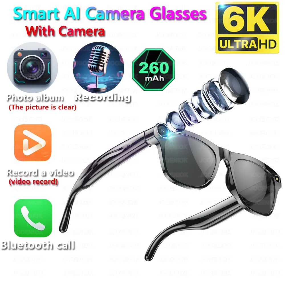4K HD AI Смарт-очки Chat GPT 100MP Камера Bluetooth Вызов 260 мАч Батарея Голосовой помощник Управление Смарт-очки для мужчин и женщин, black — фото 1