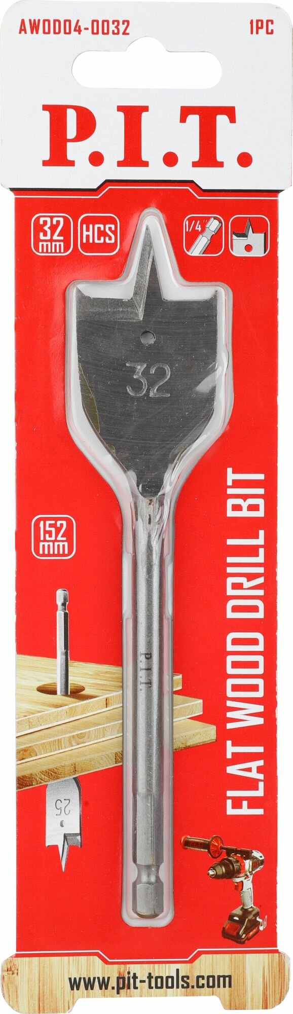 Сверло по дереву перовое P.I.T. Ø32x152мм, хвостовик HEX 1/4"/6,35мм (AWOD04-0032)