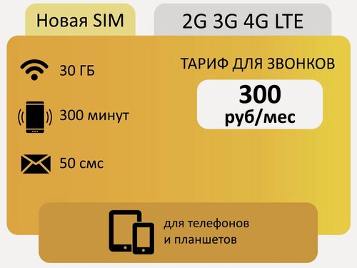 Изображение товара Сим карта для интернета и звонков от Билайна 300 мин и 30 гб АП 300р