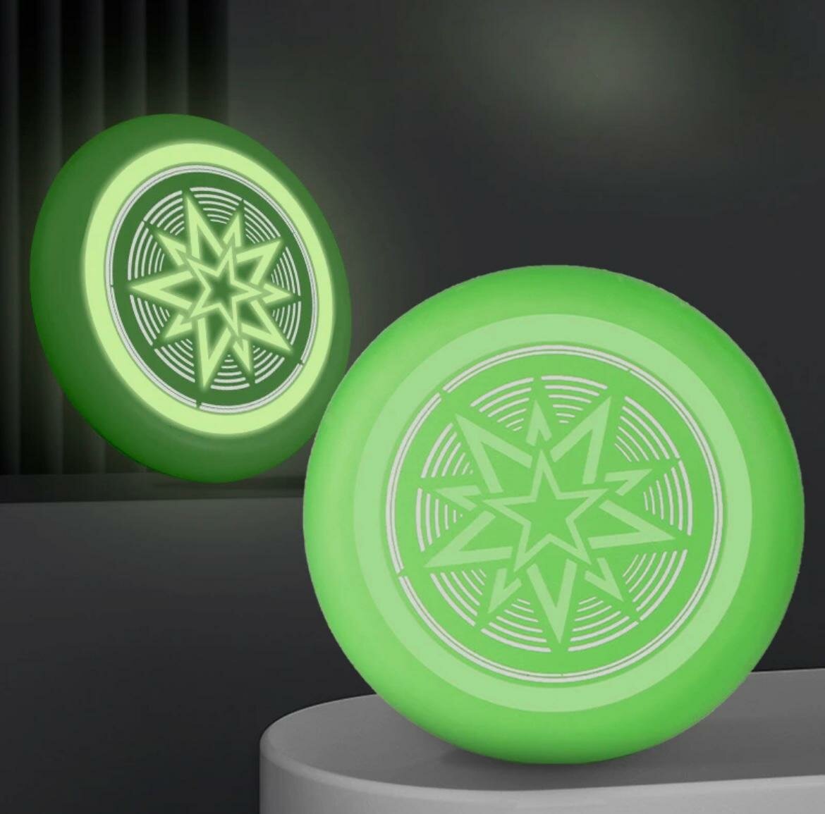 Летающая тарелка фрисби звезда зеленая / Люминесцентный диск 20 см / Светящаяся игрушка для детей