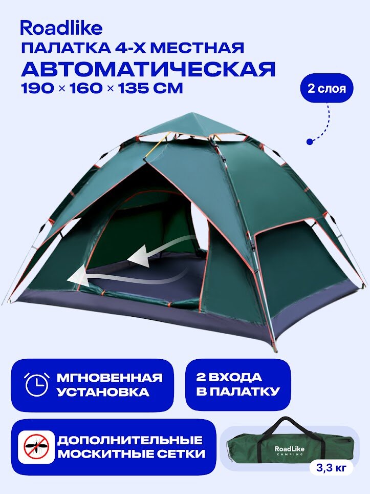 Палатка туристическая автомат PopUp , 4 местная Roadlike, зеленый
