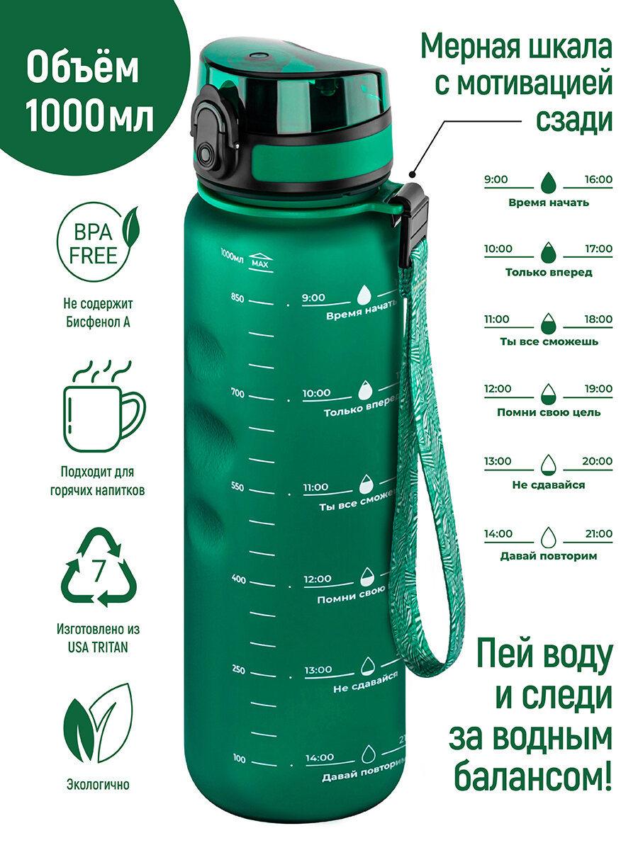 Бутылка для воды спортивная, для холодных/горячих напитков 1000мл Elan Gallery Style Matte темно-зеленая, мотивационная