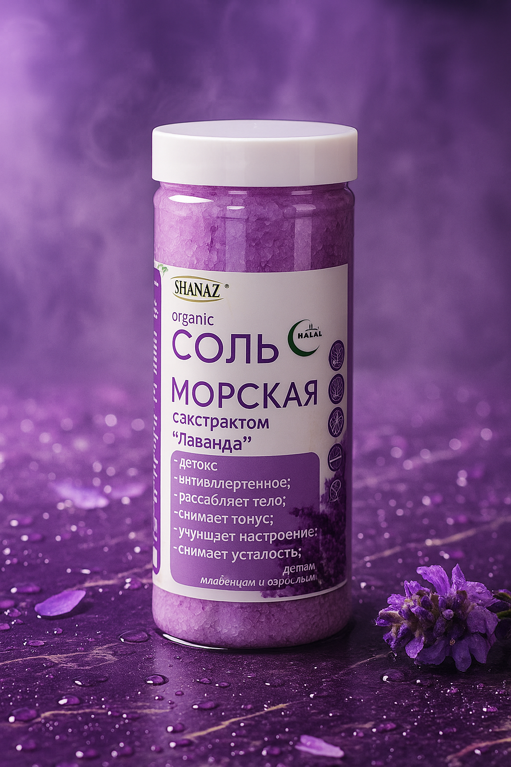 Морская соль с экстрактом "Лаванда", 600 г "SHANAZ" из Аральского моря — фото 1