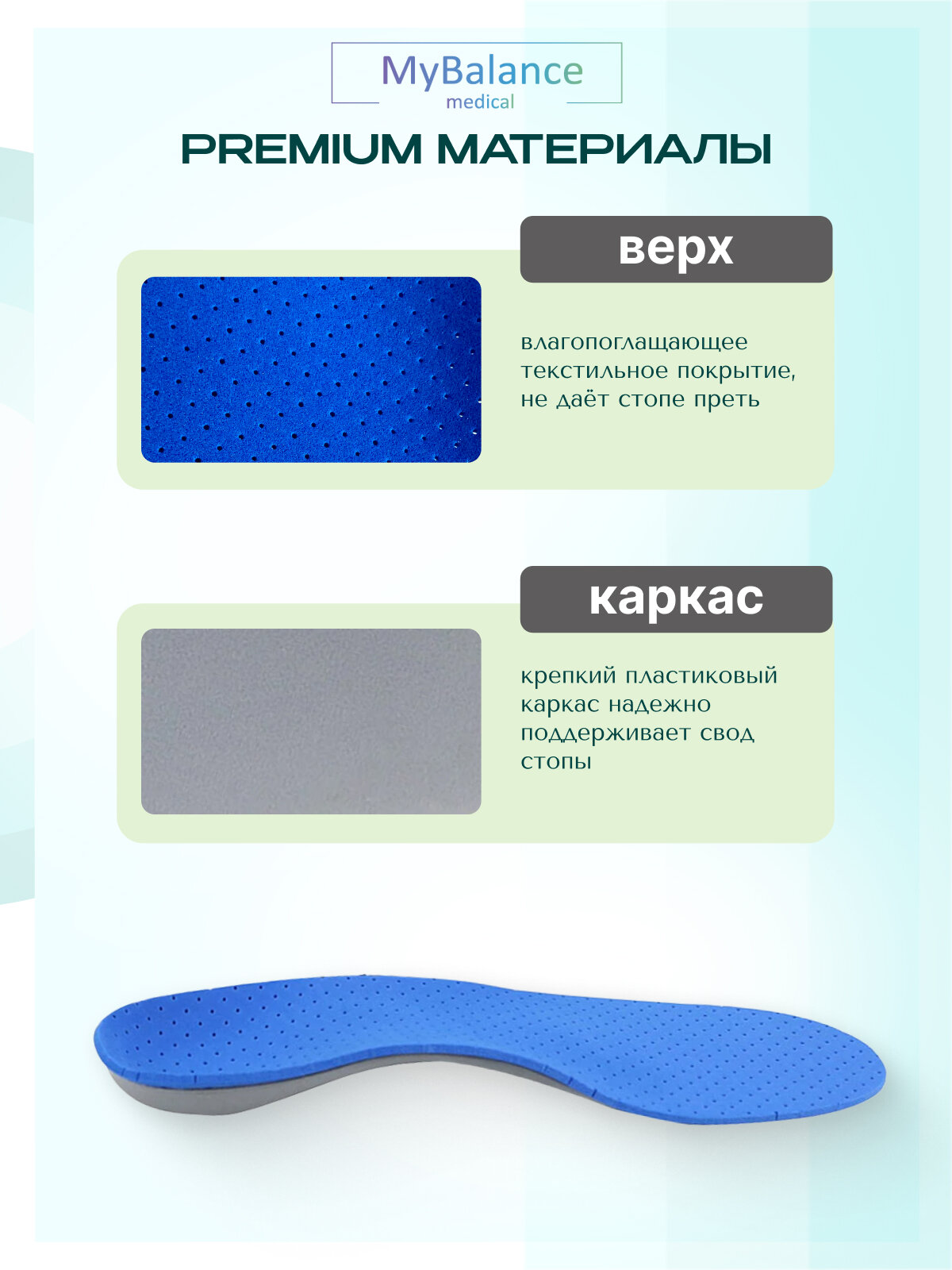 Ортопедические Стельки Каркасные ортопедические стельки для обуви MyBalance, с поддержкой свода, от плоскостопия, с перфорацией цвет синий, размер 41-43