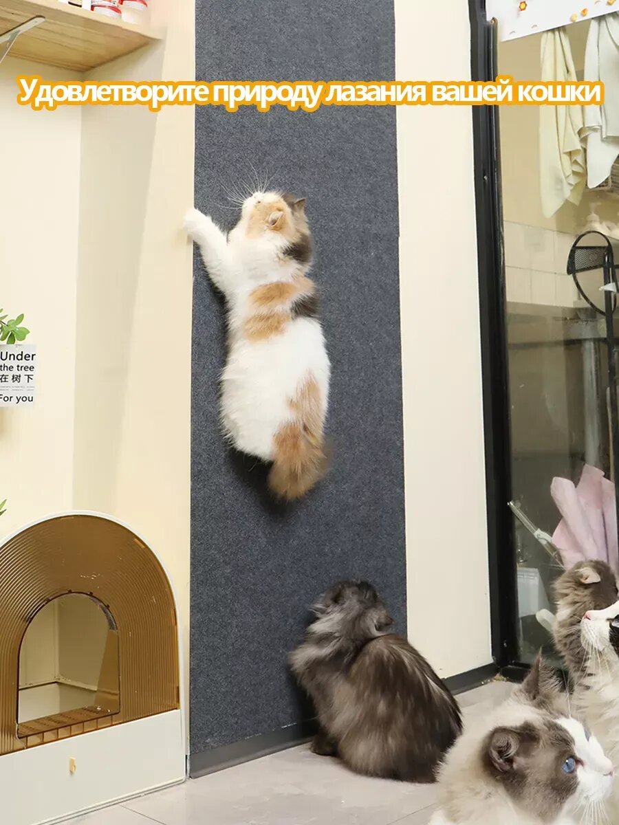 Когтеточка на стену для кошек, самоклеющаяся ковролин, защитная пленка для мебели/стен, 100x30 см — фото 1