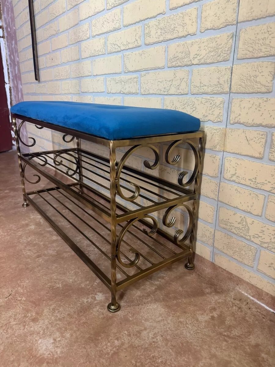Кованая банкетка №03, Студия кованой мебели Нива, цвет синий/античная бронза — фото 1
