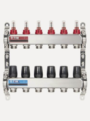 Изображение товара Коллекторная группа 6 контуров с расходомерами 1" * 3/4" E, нерж. сталь, TIM, KDS5006