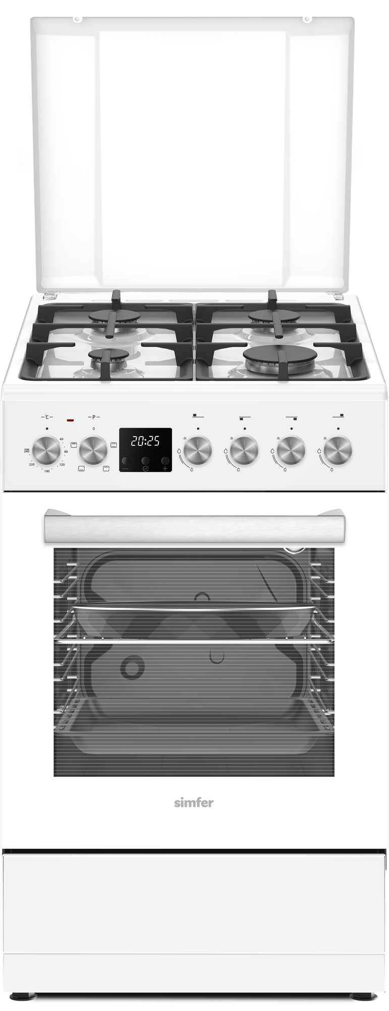 Газовая плита Simfer, электрическая духовка, 50х60см, газ-контроль, таймер, автоподжиг, чугунные решетки, 5 ЛЕТ гарантия