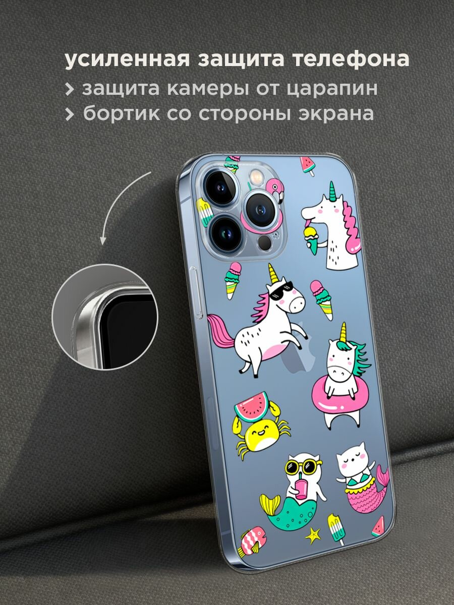 Чехол на Apple iPhone 13 Pro Max / Айфон 13 Про Макс с принтом "Единороги в отпуске", прозрачный — фото 1